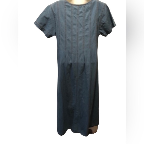 VTG Denim Embroidered Midi Dress Sz. M Modesty 100% Cotton Blue Button Front - Picture 3 of 9